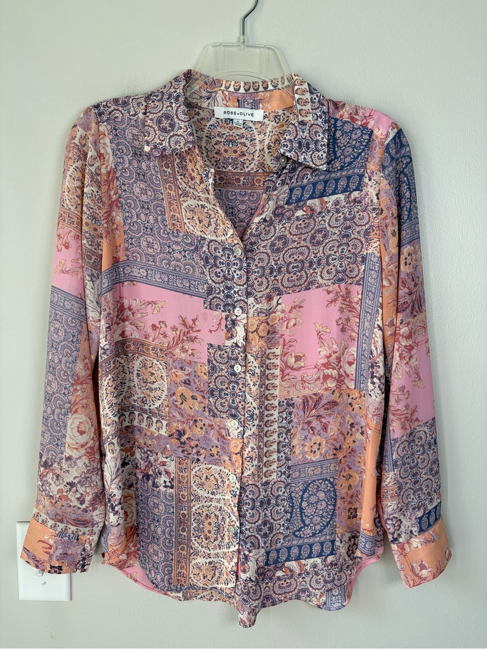 Rose + Olive Patchwork Floral Paisley Print Boho Lightweight Button Up Blouse